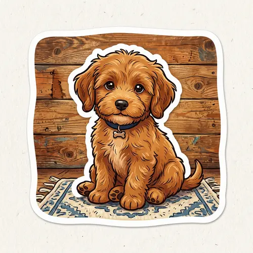 Brown Small Puppy Sitting on Wood Background Sticker