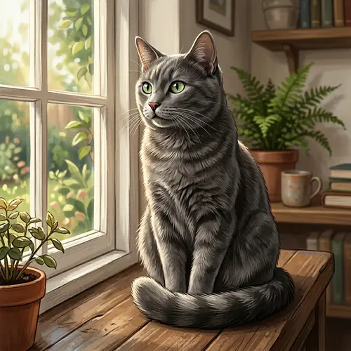Domestic Short-Haired Cat | Plush Grey Coat & Green Eyes