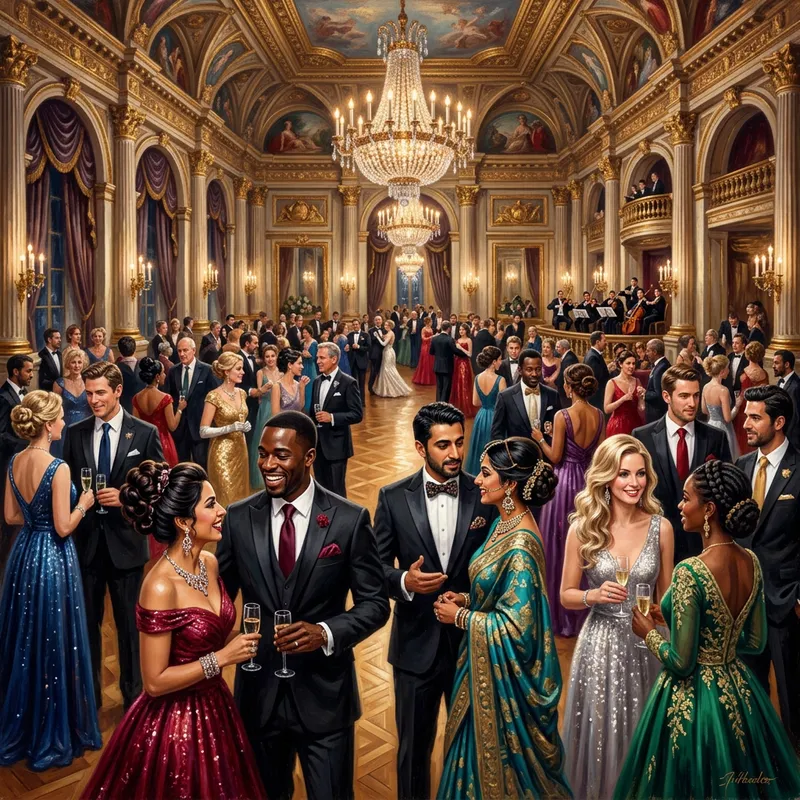 Grand Ball Aristocracy: Diverse Gathering & Elegant Attire
