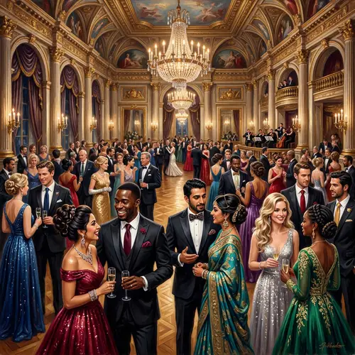 Aristocracy in Grand Ball: Diverse Gathering & Elegant Attire