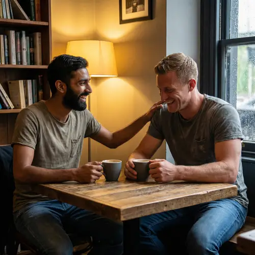 Diverse Male Friends Conversing Over Coffee in Cozy Café