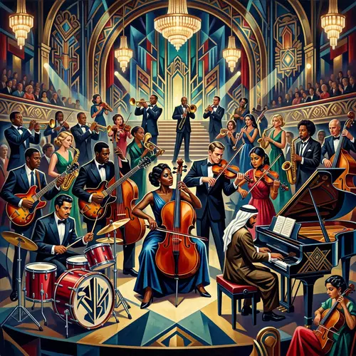 Geometric Art Deco Concert Space with Musicians | Vibrant Colors