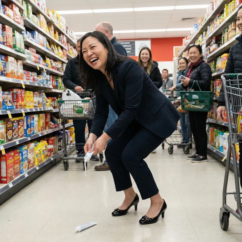 Asian Woman in Louboutin Heels Laughs While Squeezing Toothpaste