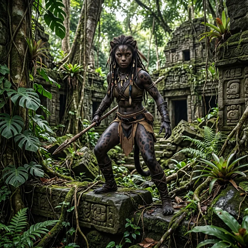 Hybrid Human-Black Panther in Apocalyptic Ruins