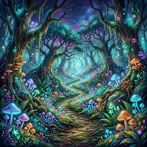 Mystical Forest with Glowing Mushrooms and Hidden Pathway