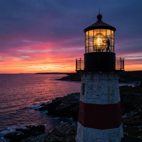Majestic Lighthouse at Sunset with Caretaker Silhouette