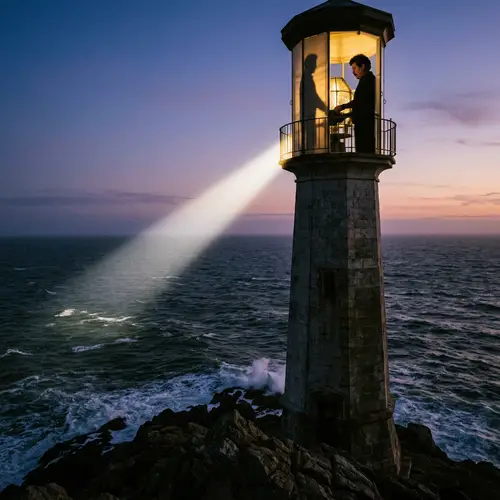 Twilight Lighthouse with Caretaker: Guiding Seafarers