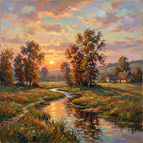 Tranquil Countryside Sunset Scene in Impressionism Style