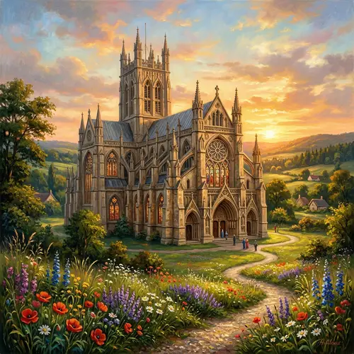Gothic Cathedral Oil Painting | Serene Countryside Church Art