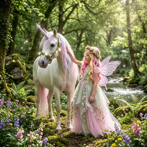 Enchanting Pink and Blonde Fairy Girl with Unicorn