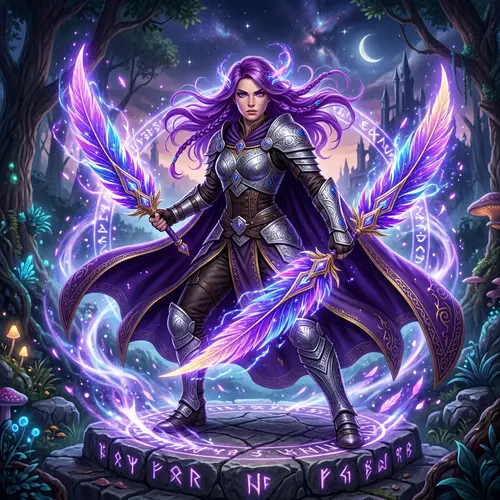 Fantasy Female Character with Vibrant Purple Hair and Magical Feathers