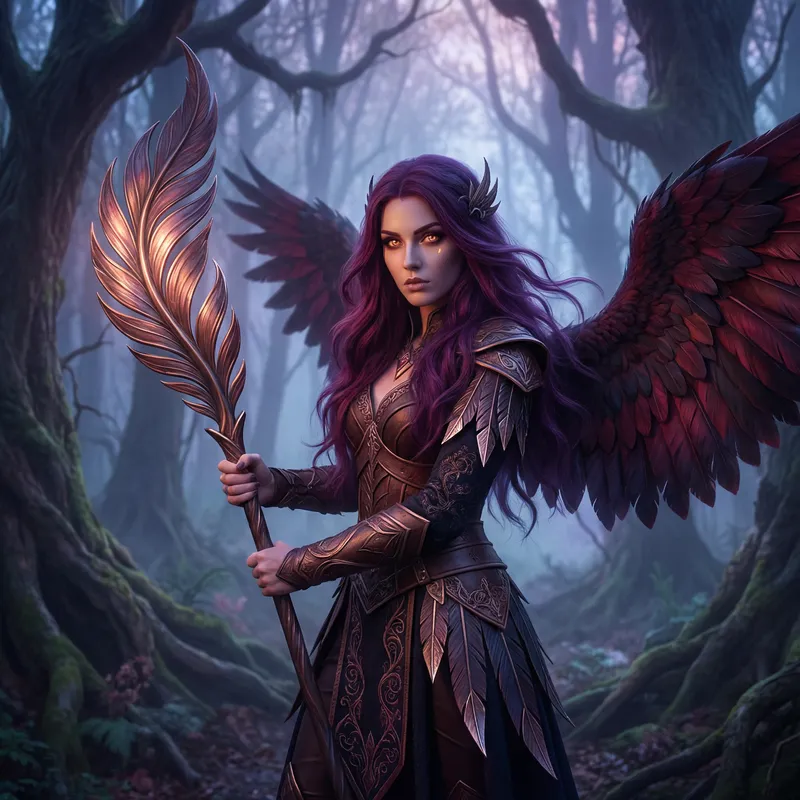 Enigmatic Fantasy Character Xayah in Crimson Dusky Forest