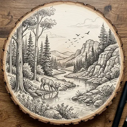 Tranquil Natural Landscape Pencil Sketch for Wood Burning Art