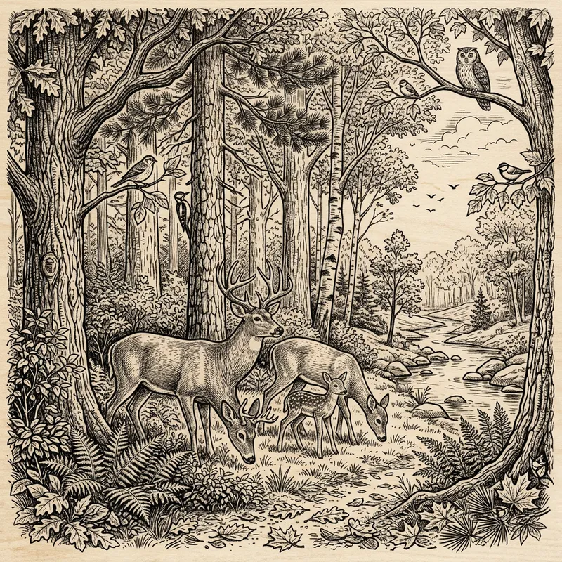 Forest Wood Burning Sketch | Towering Trees, Deer & Stream