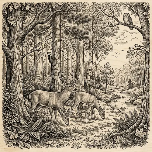 Forest Sketch for Wood Burning | Towering Trees, Deer & Stream