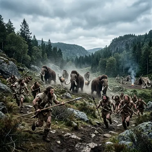 Paleolithic Hunting Scene: Realistic Depiction of Prehistoric Hunt