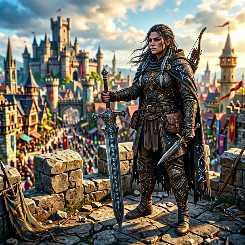 Epic Fantasy Art of Powerful Female Adventurer in Cityscape