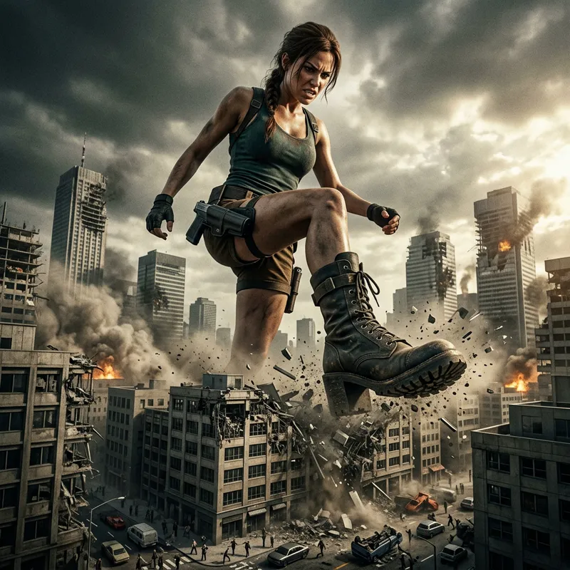 Giantess Lara Croft Crushing Buildings - Photorealistic Apocalyptic Scene