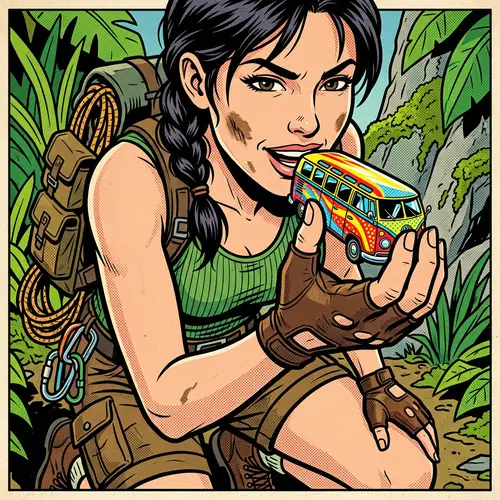 Giantess Adventurer Devouring Bus in Vibrant Pop Art Scene