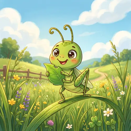 Adorable Locust Illustration with Friendly Smile on Green Leaf