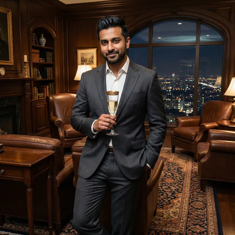 Wealthy South Asian Entrepreneur in Bespoke Attire Celebrating