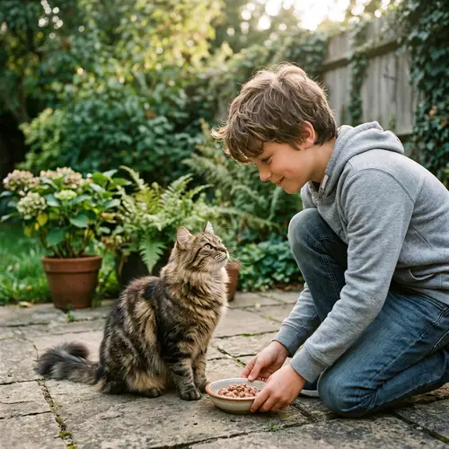 Boy Feeds Beautiful Cat with Affection
