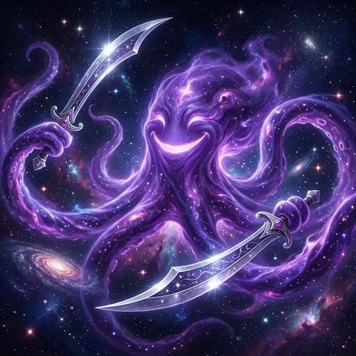 Giant Purple Space Smile: Cosmic Entity with Scimitars