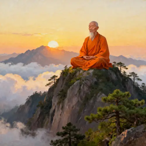 Elderly Asian Monk Meditating on a Majestic Mountain