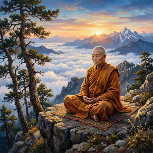 Elderly Asian Monk Meditating on a Majestic Mountain