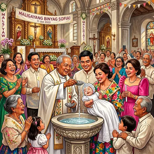 Traditional Filipino Baptism Illustration | Vibrant Cultural Ritual