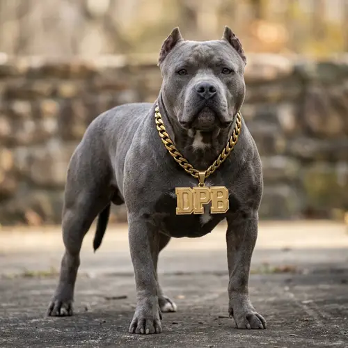 Gray American Bully Dog with Gold Chain Necklace | DPB Letters