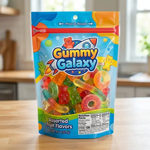 Colorful Gummy Candy Packaging with Resealable Zipper | Brand Logo