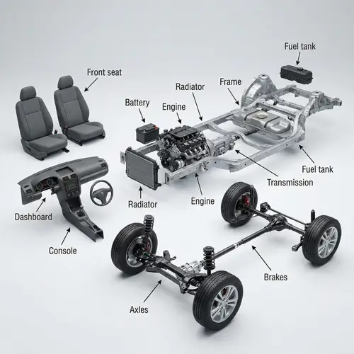 Essential Car Parts Depicted: Engine, Battery, Axles, Brakes...
