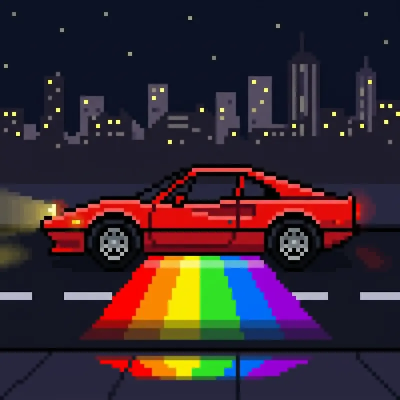 60x60 Pixel Art Red Car with Rainbow Underglow