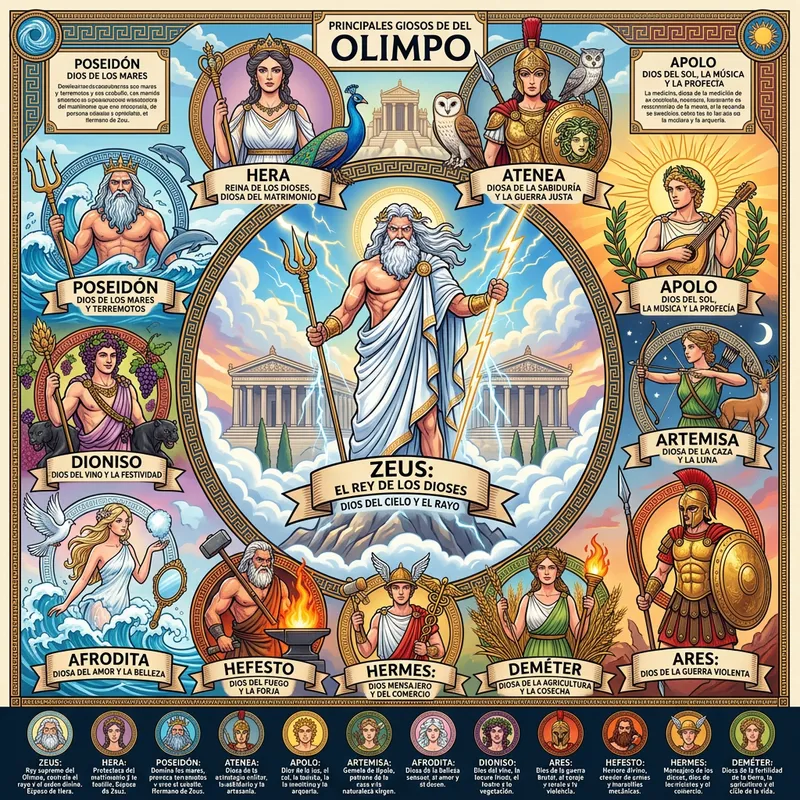 Greek Gods Infographic: A Colorful and Detailed Representation in Spanish