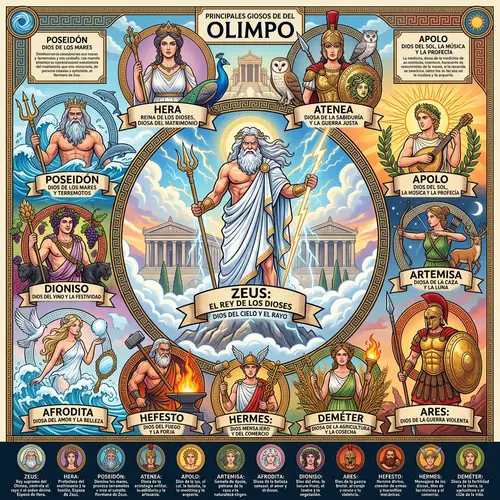 Greek Gods Infographic: Detailed Representation in Spanish