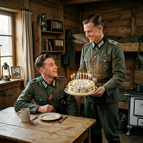 WWII German Officer Wishing Happy Birthday to Friend Quentin with Cake