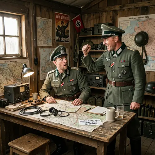 German Officer Wishing Joyful Birthday to Comrade Quentin