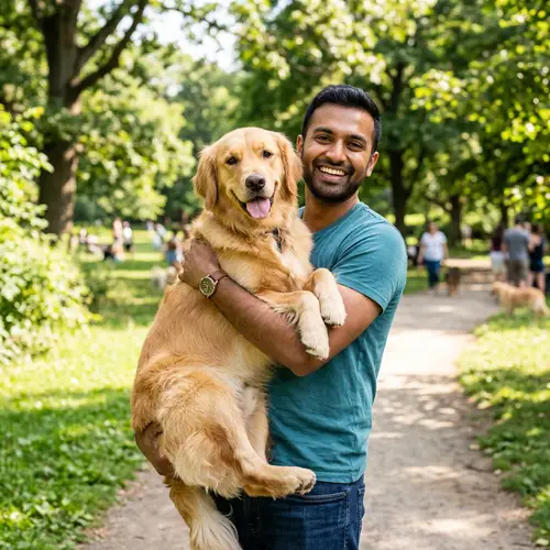 South Asian Man with Golden Retriever in Sunny Park