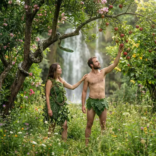 The Story of Adam and Eve in a Lush Garden