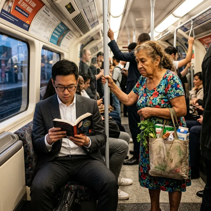 Ignored Elderly Woman Stands by Distracted Man inside Train