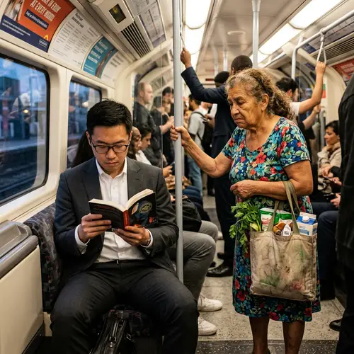 Distracted Commuter in Train Ignores Elderly Woman - Social Awareness