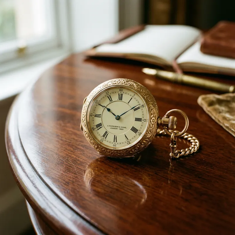 Elegant Antique Pocket Watch on Wooden Table