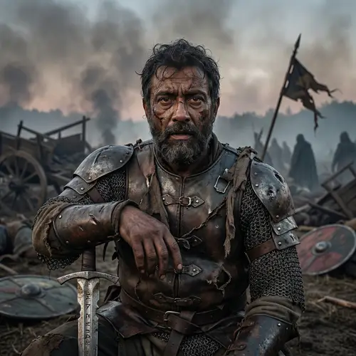 Scarred Warrior Emerges from Battle