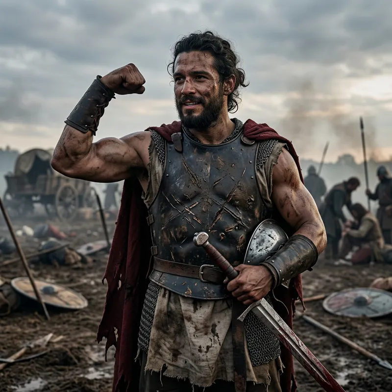 Battle-Scarrred Warrior Flexing Muscles