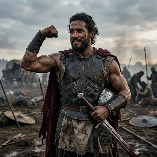 Battle-Scarrred Warrior Flexing Muscles