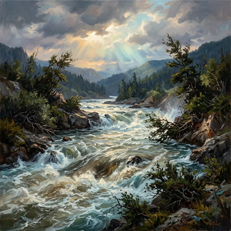 Raging River: Captivating Oil Painting of Nature's Power