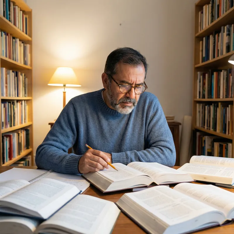 Focused Hispanic Man Studying at Desk Surrounded by Books