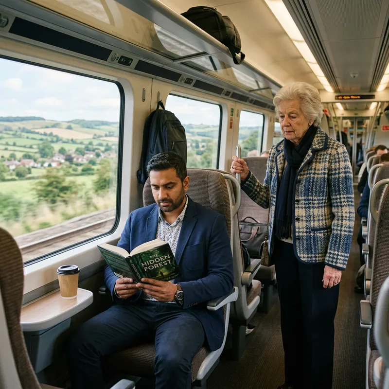Man Seated in Train Ignoring Elderly Woman | Thought-provoking Image