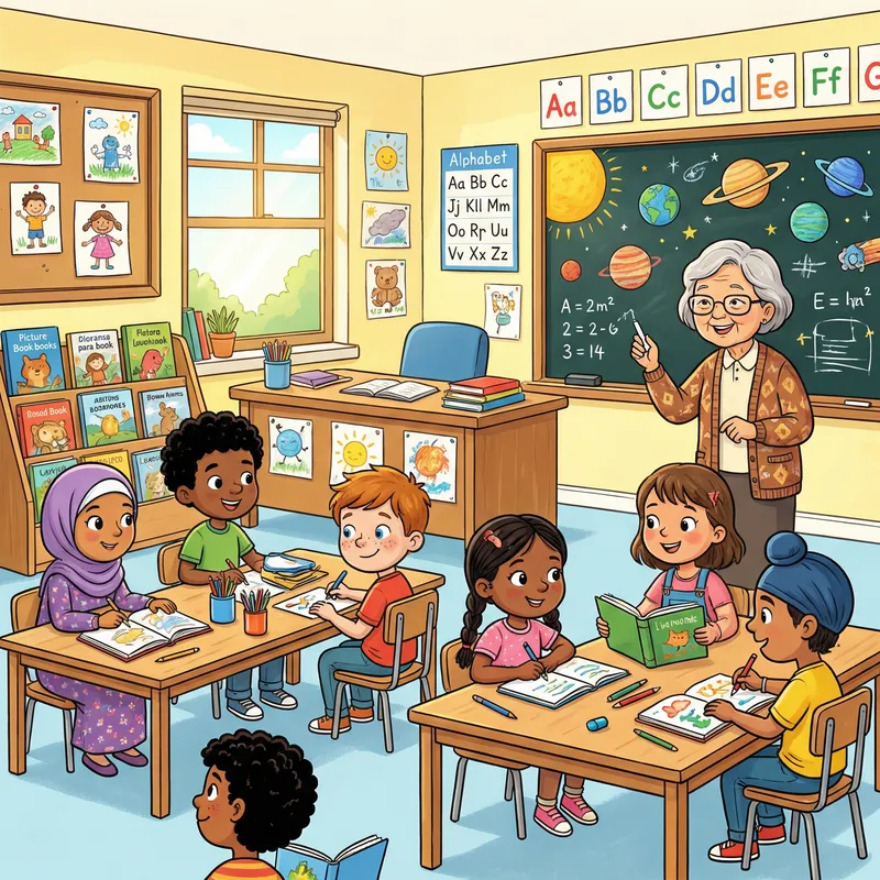Colorful Classroom Setting with Diverse Students and Teacher Colorful Classroom Setting with Diverse Students and Teacher